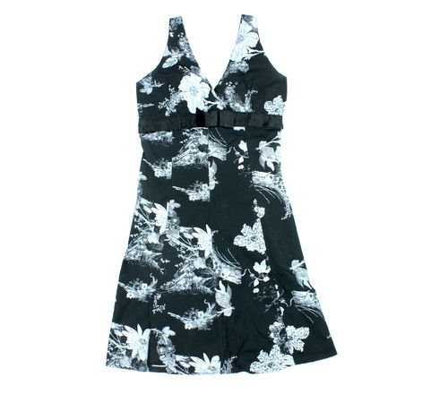 Sommer Mini Kleid Empire Blumen Schleife schwarz weiß 36