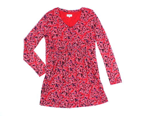 ESPRIT Tunika Long Bluse Mini Kleid rot geblümt V-Ausschnitt L