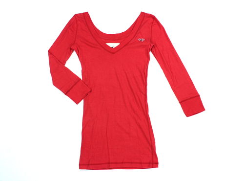 HOLLISTER Shirt Damen rot V-Ausschnitt  tief 3/4 Arm XS