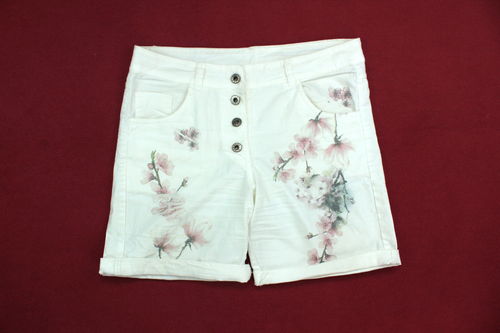 Jeans Sommer Shorts Bermuda Blumen Knöpfe Damen weiß L